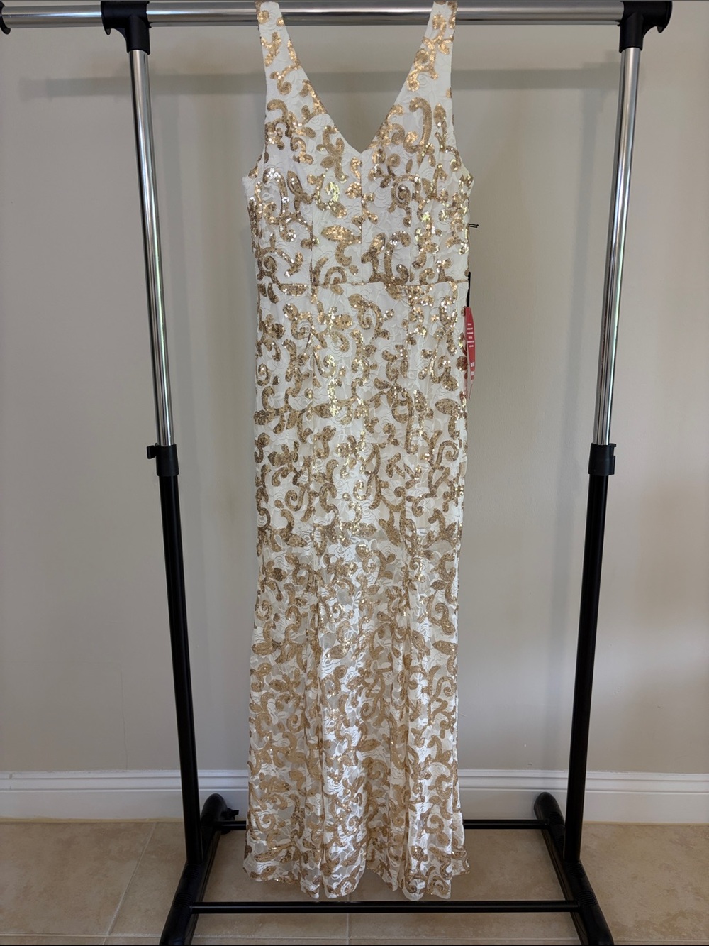 City Studio Long Formal Dress Gown, Size 13, Ivory and Gold Sequins